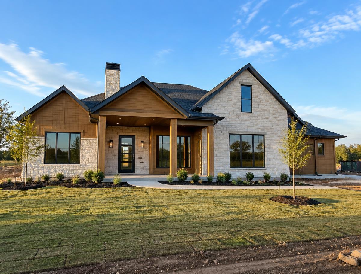 Newly built modern home exterior with stone and wood facade