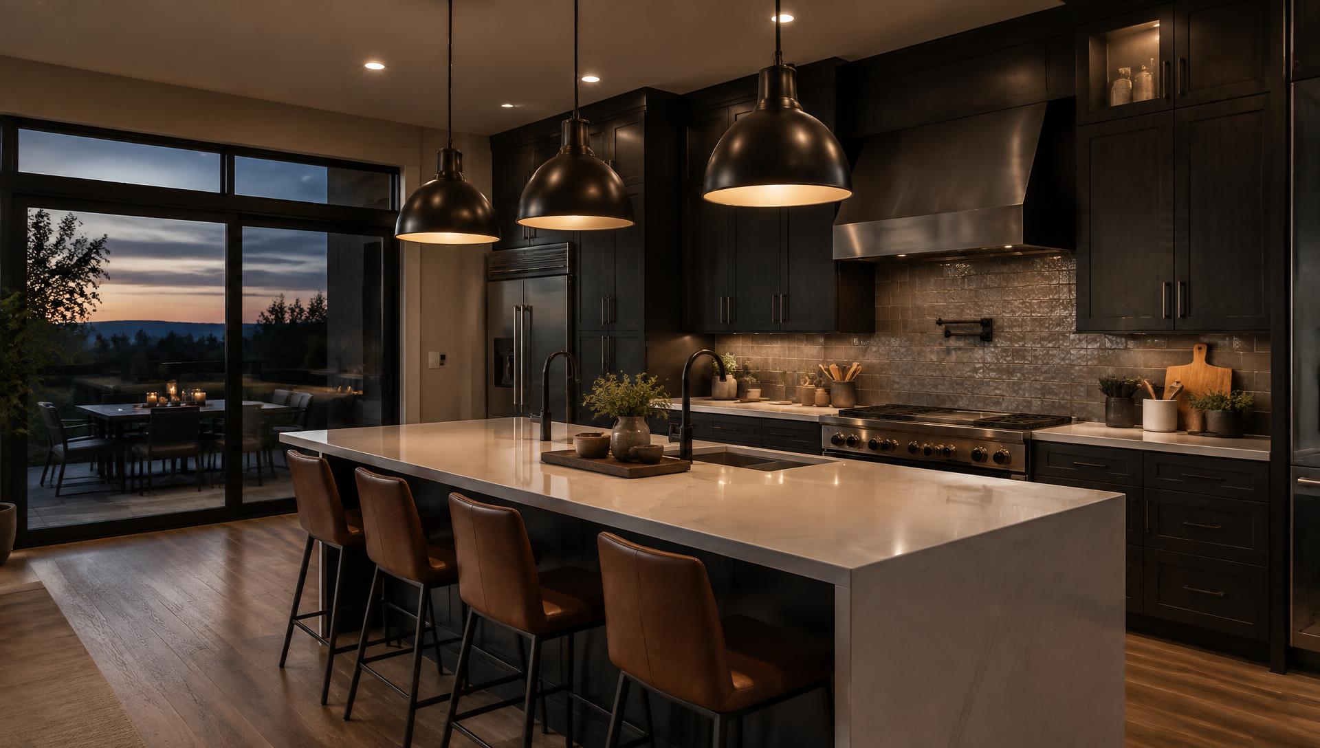 Remodeled kitchen with warm pendant lights