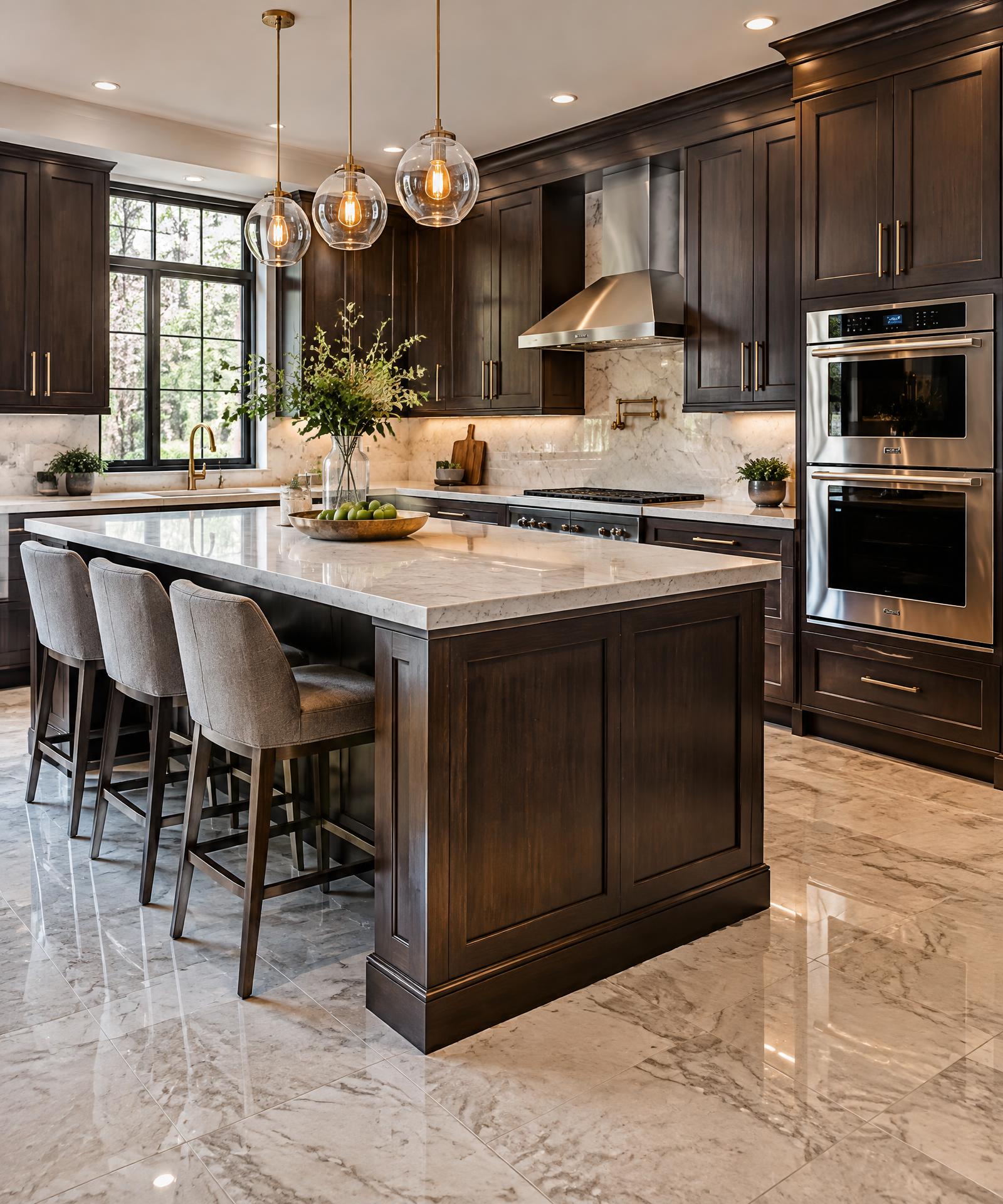 Bright kitchen with dark wood cabinetry, marble island, and stainless double ovens