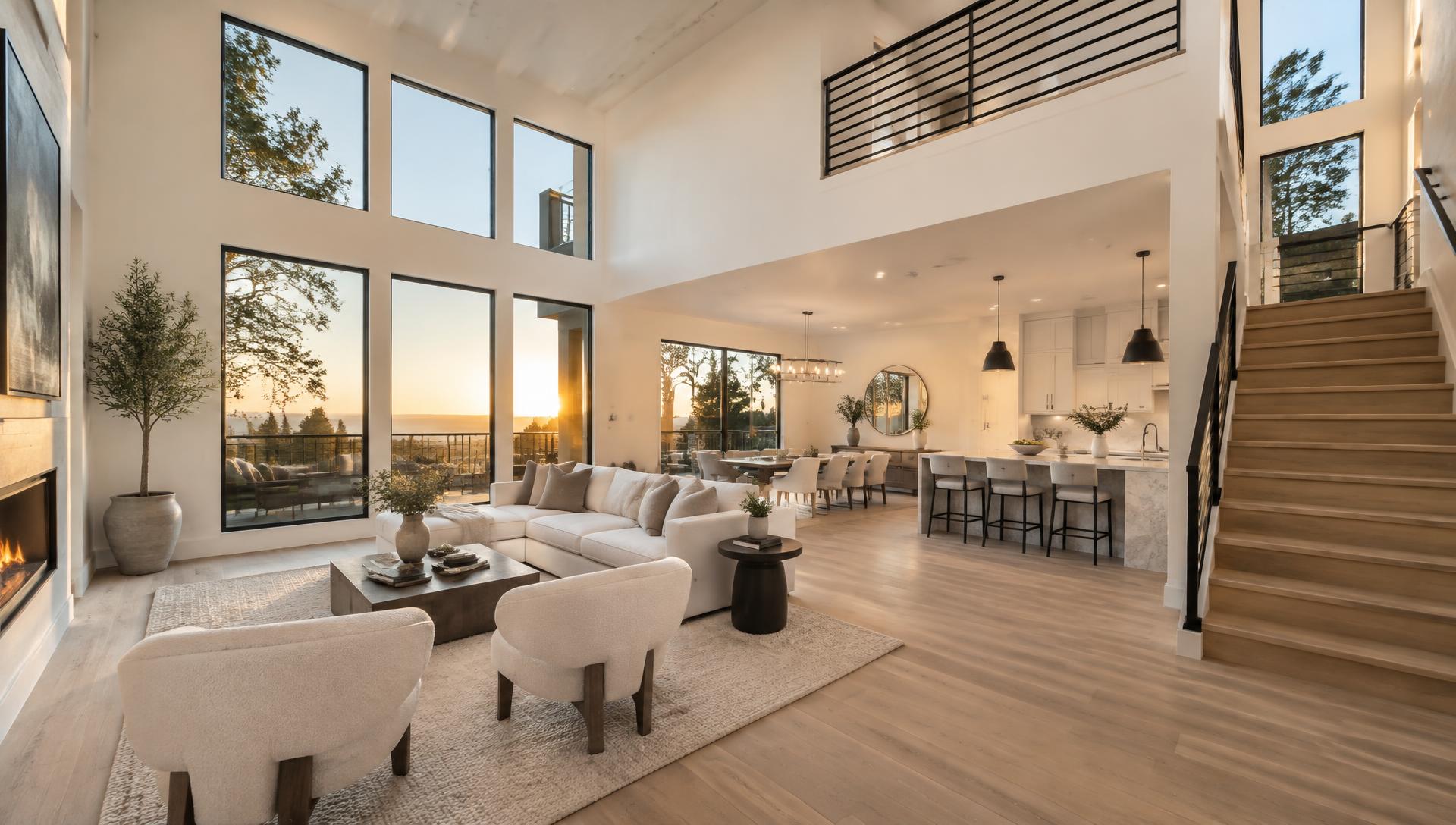Bright open-plan home interior at golden hour