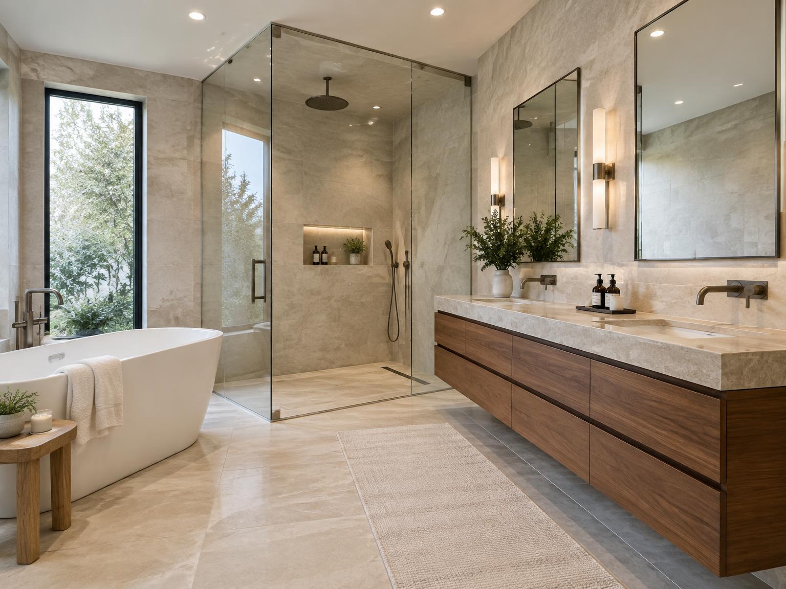 Remodeled bathroom with glass shower and walnut vanity