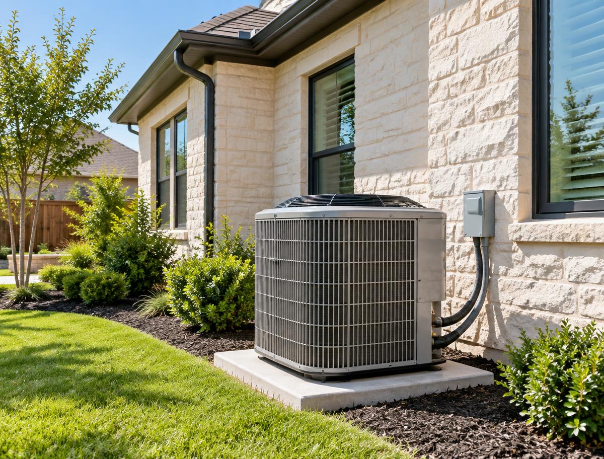 Freshly serviced AC unit beside a well-kept stone home