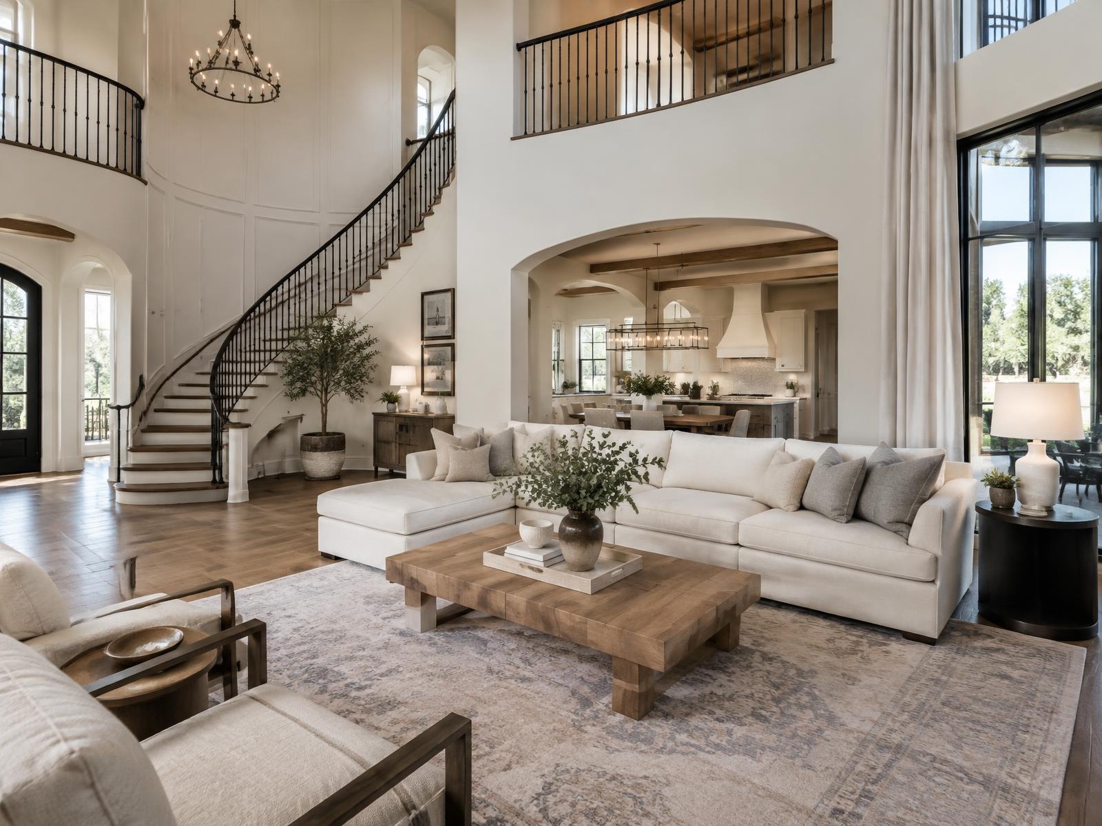 Bright living room with a curved staircase and custom seating
