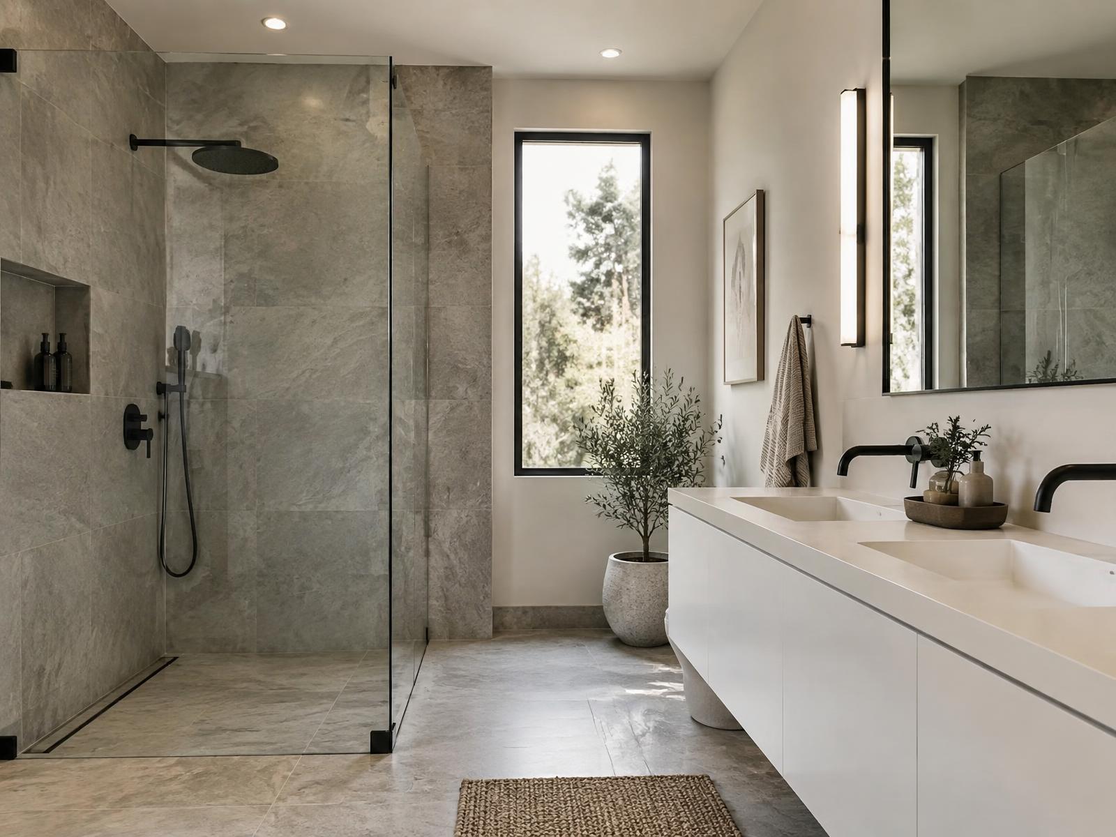 Modern bathroom with a glass shower and floating white vanity