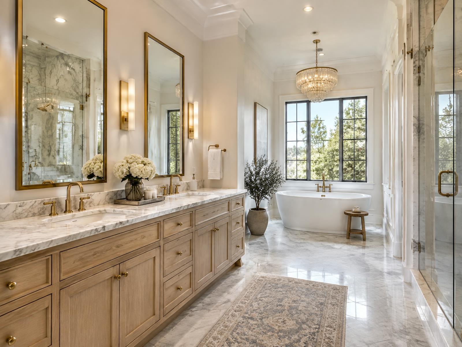 Spacious bathroom with a double vanity and modern lighting