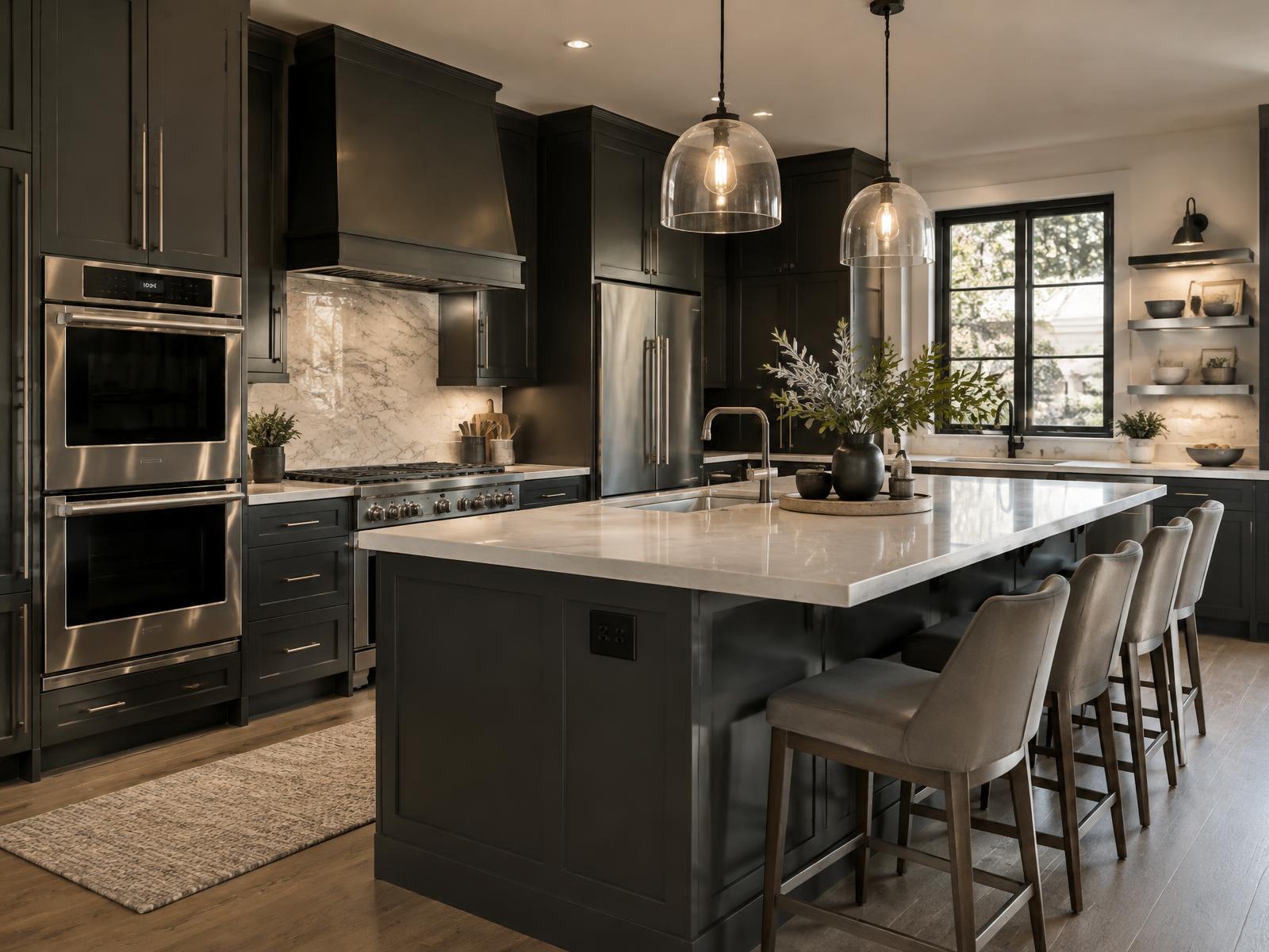 Kitchen with dark cabinetry, a large island, and stainless appliances